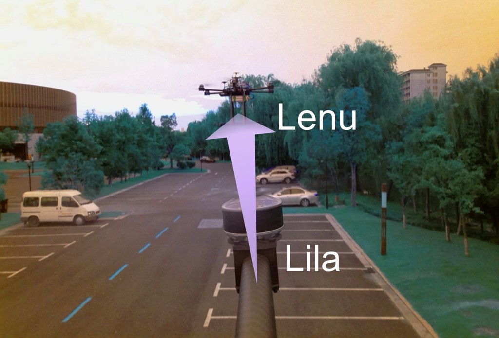 The top image shows a parking lot with a drone flying in the distance (labeled Lenu) and an arrow protruding from the arm of a drone (labeled Lila) that is sending the captured image. The lower section shows detailed views of each drone: Lila with a red transmitter and Lenu with the white receiver.