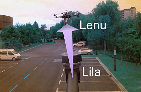 The top image shows a parking lot with a drone flying in the distance (labeled Lenu) and an arrow protruding from the arm of a drone (labeled Lila) that is sending the captured image. The lower section shows detailed views of each drone: Lila with a red transmitter and Lenu with the white receiver.