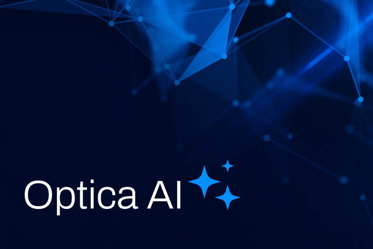 a background of blue lights with the words Introducing Optica AI