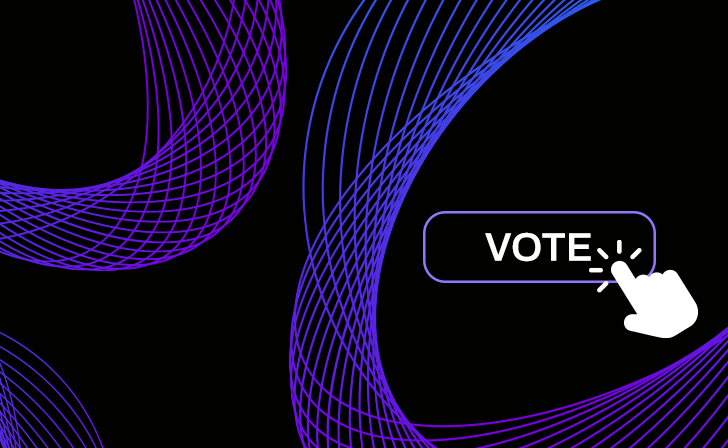 A black background with purple and blue accents. The word Vote written and a finger pointing to it.