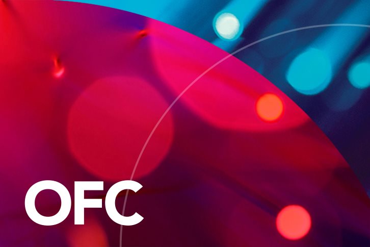 The word 'OFC' on a red and blue background