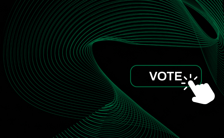 Black background with green swirls. The word 'Vote' with a finger pointing at it. 