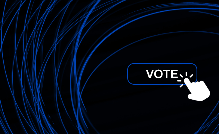 Blue lines on a black background with and a hand with a finger pointing at the word 'Vote' 