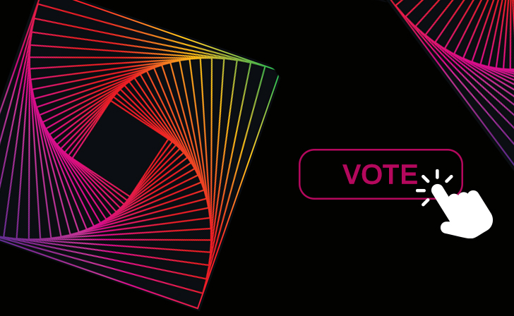 Multicolor lines on a black background with and a hand with a finger pointing at the word 'Vote' 
