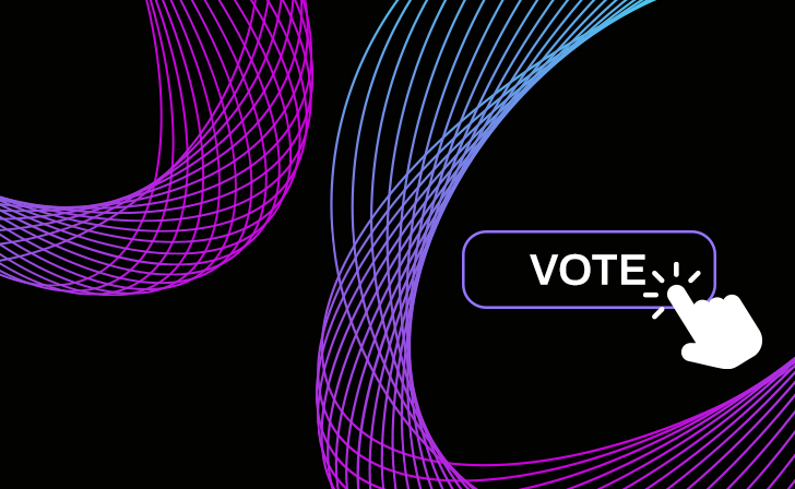 Multicolor lines on a black background with and a hand with a finger pointing at the word 'Vote' 
