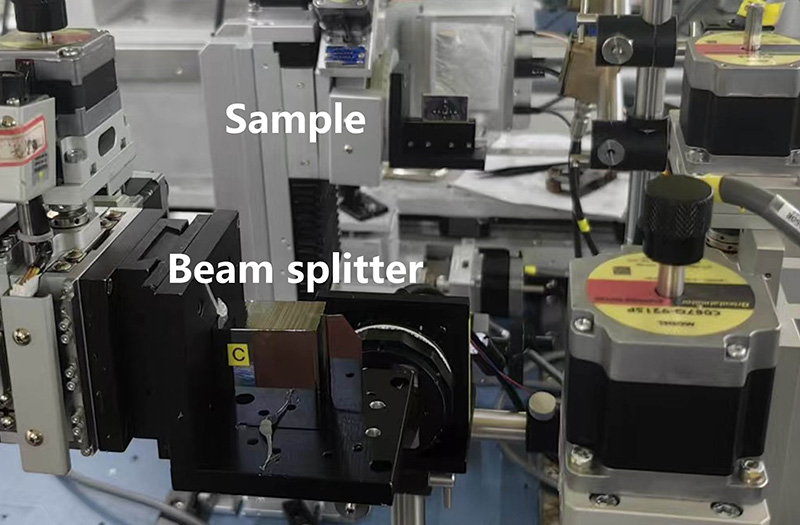  A laboratory experimental setup for X-ray ghost imaging, featuring text labels indicating the locations of modular, beam splitter, sample, stage, and detectors.