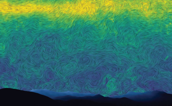 Swirling, Van Gogh-style vector flow patterns of yellow, green, and blue light above dark mountain silhouettes.