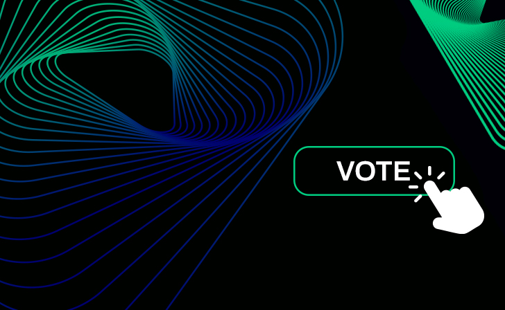 Multicolor lines on a black background with and a hand with a finger pointing at the word 'Vote' 