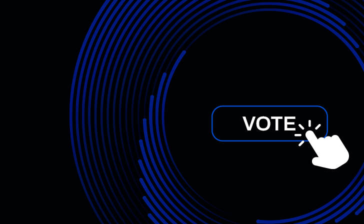 Blue and green lines on a black background. The word 'Vote' with a finger pointing at it.