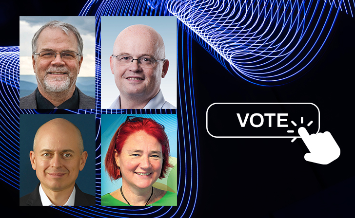 Three men and one woman. The word 'Vote' with a finger pointing at it.