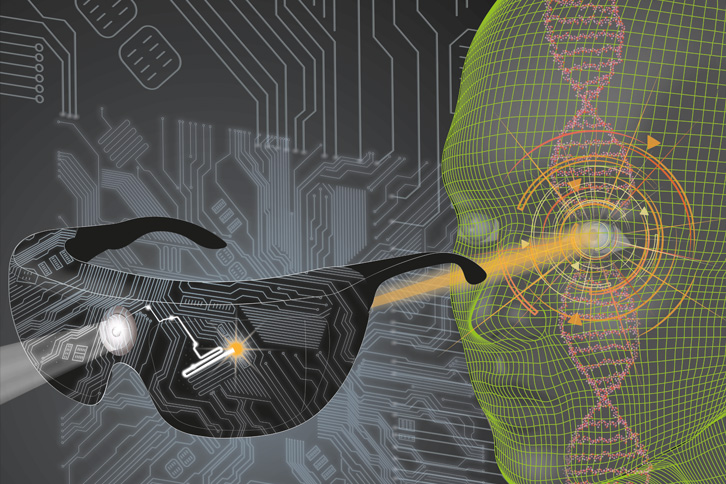 illustration of blind patient detecting object using stimulating goggles. 