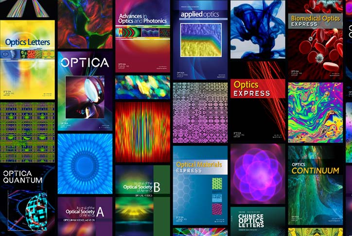 Collage of Optica Publishing Group's journal covers.